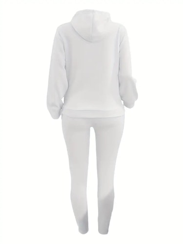 Casual Drawstring Pantsuits Two-piece Set, Pocket Hoodies Tops & Loose Long Sweatpants Set, Women's Clothing Size (XS, S, M, L, XL, XXL) Color (White)