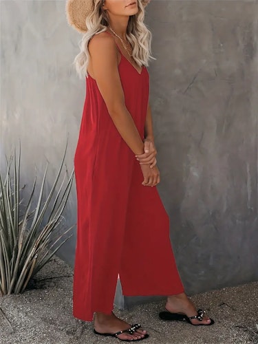 Boho Spaghetti Ruched Jumpsuit, Casual Sleeveless Long Length Wide Leg Jumpsuit, Women's Clothing Size (XS, S, M, L, XL, XXL) Color (Red)