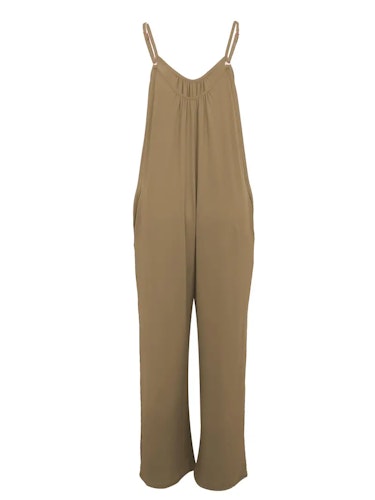 Boho Spaghetti Ruched Jumpsuit, Casual Sleeveless Long Length Wide Leg Jumpsuit, Women's Clothing Size (XS, S, M, L, XL, XXL) Color (Khaki)