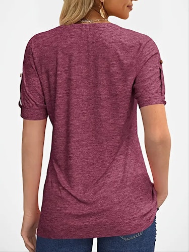 Women's T-shirt Casual Crew Neck Solid Pleated Button Short Sleeve Loose Fashion Summer T-shirt Size (XS, S, M, L, XL, XXL) Color (Burgundy)