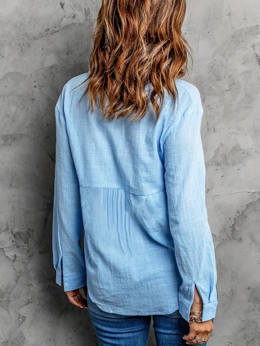 Long Sleeve Linen Shirt, Casual Button Up Shirt For Spring & Fall, Women's Clothing Size (XS, S, M, L, XL, XXL) Color (Sky Blue)
