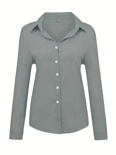 Long Sleeve Linen Shirt, Casual Button Up Shirt For Spring & Fall, Women's Clothing Size (XS, S, M, L, XL, XXL) Color (Grey)