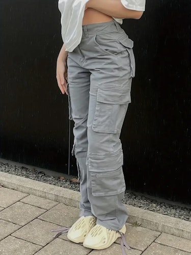 Wide Legs Baggy Cargo Pants With Flap Pockets, Girl's Y2K Style Jeans, Y2K Kpop Vintage Style Women's Clothing & Denim Size (XS, S, M, L, XL, XXL) Color (Grey)