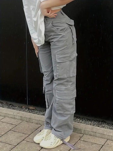 Wide Legs Baggy Cargo Pants With Flap Pockets, Girl's Y2K Style Jeans, Y2K Kpop Vintage Style Women's Clothing & Denim Size (XS, S, M, L, XL, XXL) Color (Grey)