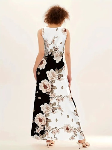 Floral Print Pocket Dress, Casual Pocket Waist Summer Swing Long Dresses, Women's Clothing Size (XS, S, M, L, XL, XXL) Color (White)