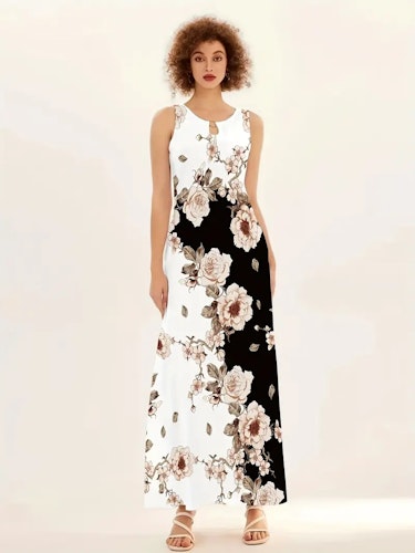 Floral Print Pocket Dress, Casual Pocket Waist Summer Swing Long Dresses, Women's Clothing Size (XS, S, M, L, XL, XXL) Color (White)