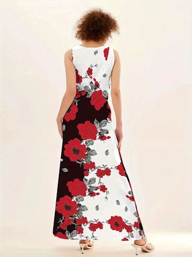 Floral Print Pocket Dress, Casual Pocket Waist Summer Swing Long Dresses, Women's Clothing Size (XS, S, M, L, XL, XXL) Color (Red)