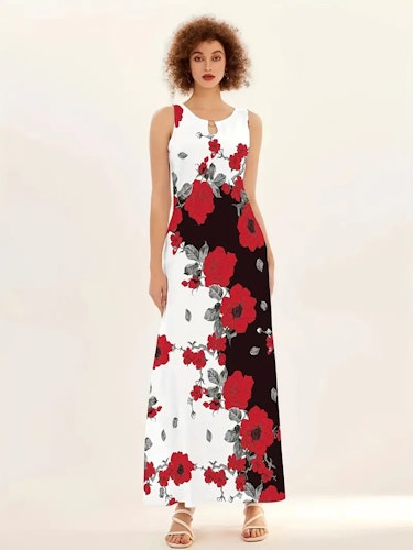 Floral Print Pocket Dress, Casual Pocket Waist Summer Swing Long Dresses, Women's Clothing Size (XS, S, M, L, XL, XXL) Color (Red)