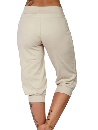 Drawstring Workout Cropped Pants, Casual Solid Summer Pants With Pockets, Women's Clothing Size (XS, S, M, L, XL, XXL) Color (Beige White)