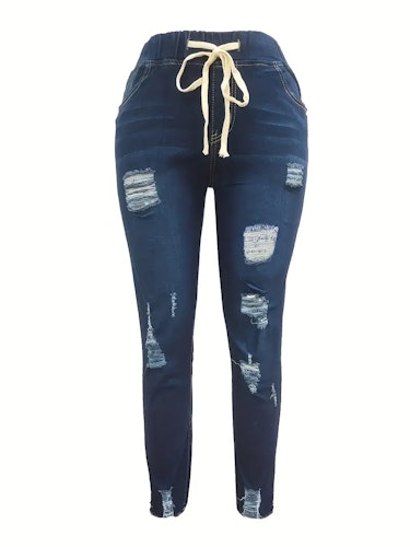 High Waist Ripped Denim Pants, Casual Raw Hem Slash Pocket Skinny Pants, Women's Denim Jeans & Clothing Size (XS, S, M, L, XL, XXL) Color (Deep Blue)