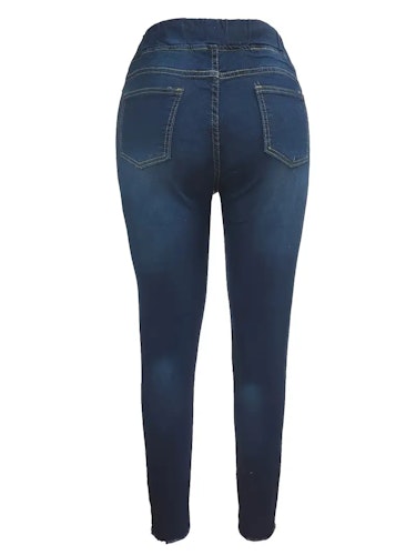High Waist Ripped Denim Pants, Casual Raw Hem Slash Pocket Skinny Pants, Women's Denim Jeans & Clothing Size (XS, S, M, L, XL, XXL) Color (Deep Blue)
