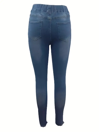 High Waist Ripped Denim Pants, Casual Raw Hem Slash Pocket Skinny Pants, Women's Denim Jeans & Clothing Size (XS, S, M, L, XL, XXL) Color (Light Blue)