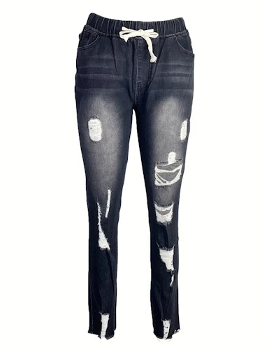 High Waist Ripped Denim Pants, Casual Raw Hem Slash Pocket Skinny Pants, Women's Denim Jeans & Clothing Size (XS, S, M, L, XL, XXL) Color (Black)