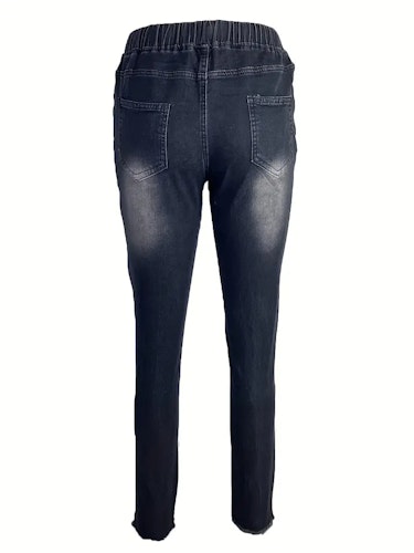 High Waist Ripped Denim Pants, Casual Raw Hem Slash Pocket Skinny Pants, Women's Denim Jeans & Clothing Size (XS, S, M, L, XL, XXL) Color (Black)
