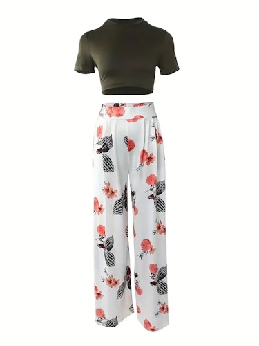 Boho Summer Two Pieces Set, Cropped Solid Short Sleeve T-shirt & High Waist Floral Print Wide Leg Pants Outfits, Women's Clothing  Size (XS, S, M, L, XL, XXL) Color (Multicolor)