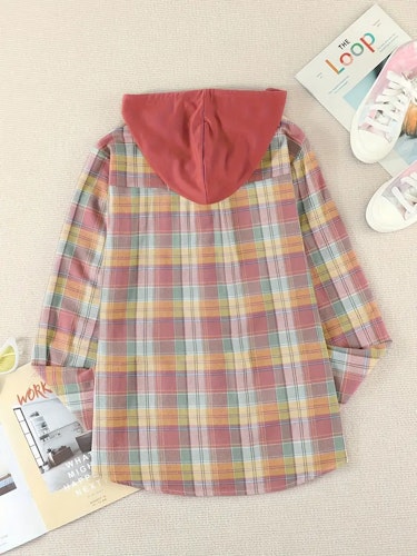 Plaid Print Hooded Shirt, Casual Long Sleeve Drawstring Shirt, Women's Clothing  Size (S) Color (Coral)
