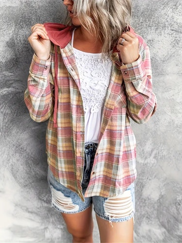 Plaid Print Hooded Shirt, Casual Long Sleeve Drawstring Shirt, Women's Clothing  Size (S) Color (Coral)