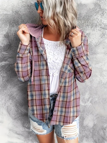 Plaid Print Hooded Shirt, Casual Long Sleeve Drawstring Shirt, Women's Clothing  Size (S) Color (Violets)