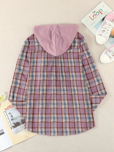 Plaid Print Hooded Shirt, Casual Long Sleeve Drawstring Shirt, Women's Clothing  Size (L) Color (Violets)