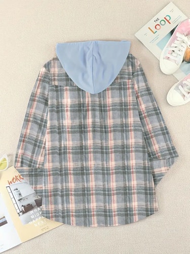 Plaid Print Hooded Shirt, Casual Long Sleeve Drawstring Shirt, Women's Clothing  Size (S) Color (Light Blue)