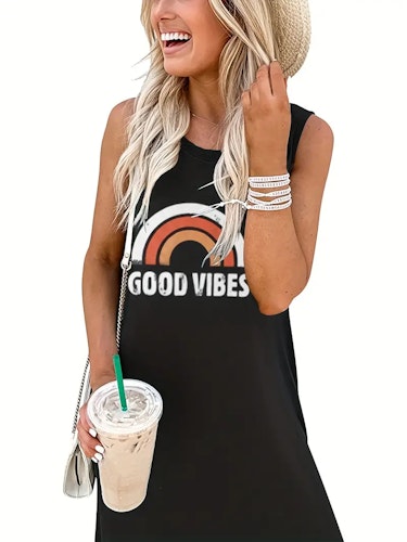 Good Vibes Letter Print Dress, Sleeveless Crew Neck Casual Dress For All Season, Women's Clothing  Size (S) Color (Black)