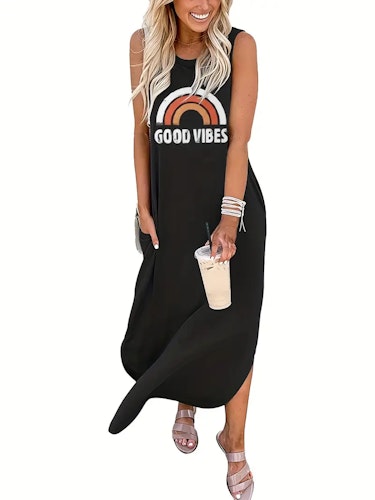 Good Vibes Letter Print Dress, Sleeveless Crew Neck Casual Dress For All Season, Women's Clothing  Size (L) Color (Black)