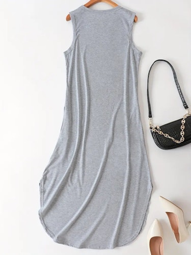 Good Vibes Letter Print Dress, Sleeveless Crew Neck Casual Dress For All Season, Women's Clothing  Size (S) Color (Light Grey)