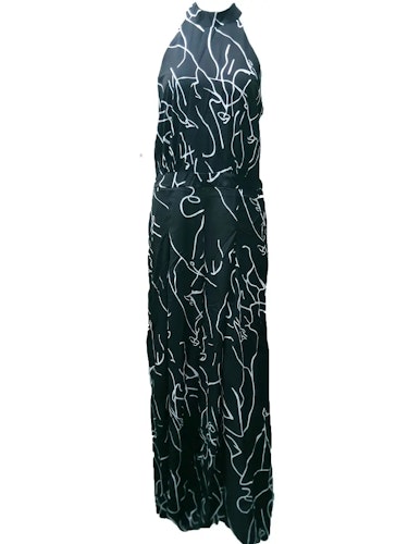 Elegant Waist Halter Jumpsuit, Casual Print Tie Sleeveless Waist Summer Wide Leg Long Pant Jumpsuit, Women's Clothing Size (S) Color (Deep Grey)
