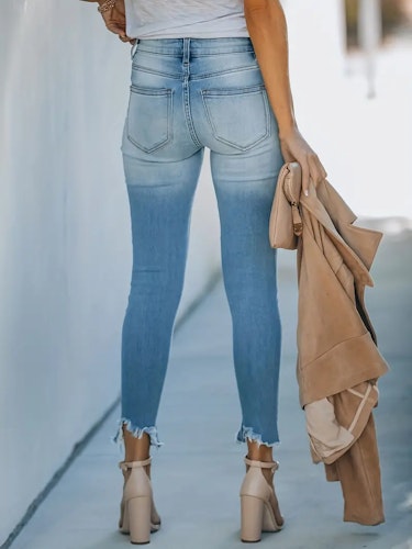 Ripped Light Wash Jeans, High-Rise Cropped & Ripped Raw Hem Skinny Jeans, Casual & Trendy Pants, Women's Clothing & Denim Size (S) Color (Light Blue)