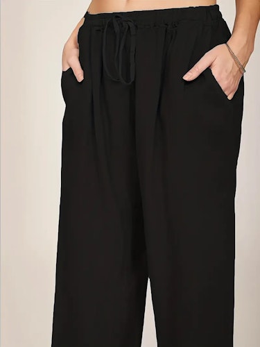 Drawstring Wide Leg Pants, Solid Loose Palazzo Pants, Casual Every Day Pants, Women's Clothing Size (XL) Color (Black)