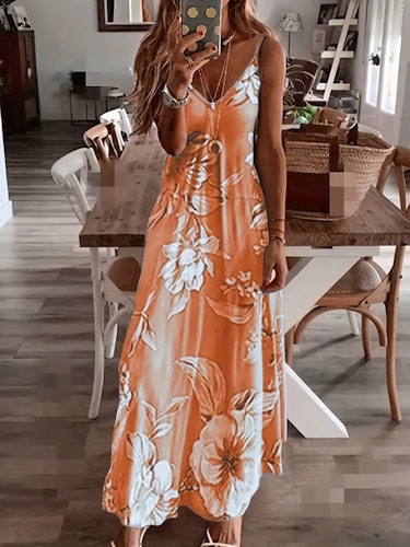 Floral Print Spaghetti Dress, Casual Crew Neck Ankle Cami Dress, Women's Clothing Size (M) Color (Orange)