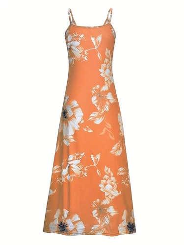 Floral Print Spaghetti Dress, Casual Crew Neck Ankle Cami Dress, Women's Clothing Size (L) Color (Orange)