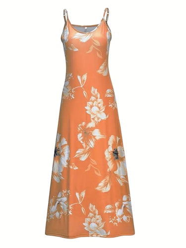 Floral Print Spaghetti Dress, Casual Crew Neck Ankle Cami Dress, Women's Clothing Size (L) Color (Orange)