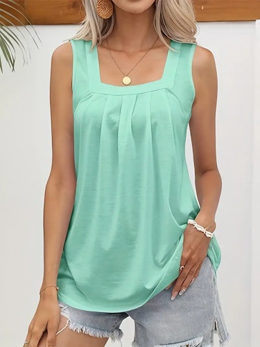 Pleated Front Square Neck Tank Top, Casual Sleeveless Tank Top For Summer, Women's Clothing Size (L) Color (Light Green)