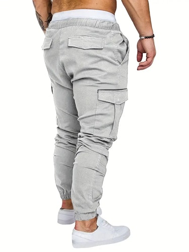 Casual Side Flap Pockets Drawstring Woven Joggers, Men's Cargo Pants For Spring Fall Outdoor Size (M) Color (Grey)