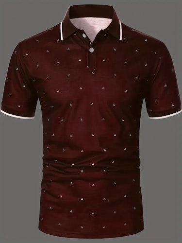 Men's Polo Shirts, Casual Navy Blue Slim Fit Lapel Button Up Polo Shirt Size (M) Color (Dark Red)