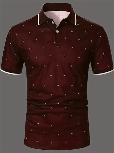 Men's Polo Shirts, Casual Navy Blue Slim Fit Lapel Button Up Polo Shirt Size (L) Color (Dark Red)