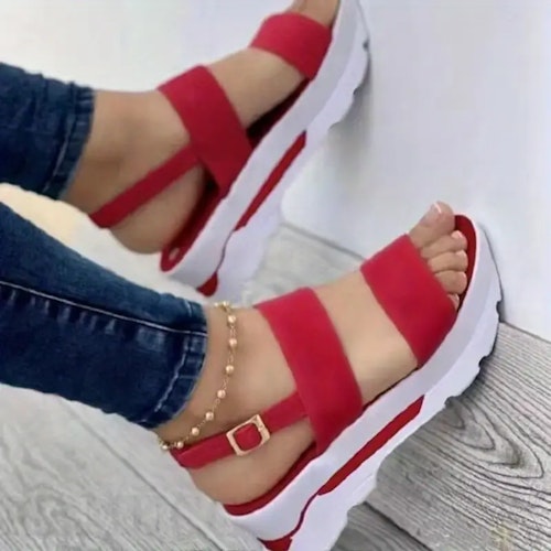 Women's Platform Open Toe Sandals, Solid Color Ankle Buckle Strap Non Slip Shoes, Casual Outdoor Sandals Color (Red) Size (7)