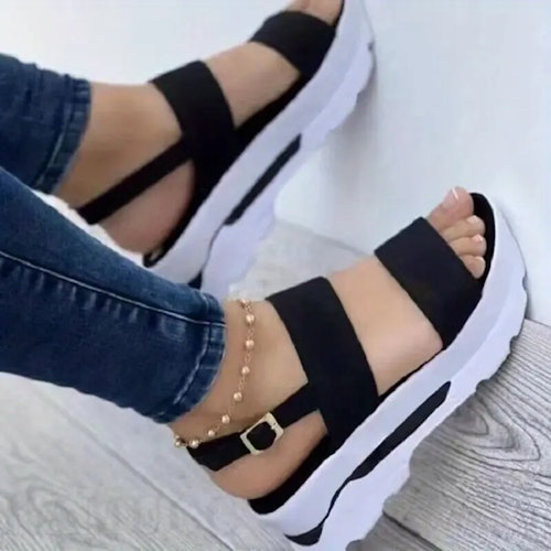 Women's Platform Open Toe Sandals, Solid Color Ankle Buckle Strap Non Slip Shoes, Casual Outdoor Sandals Color (black ) Size (4.5)