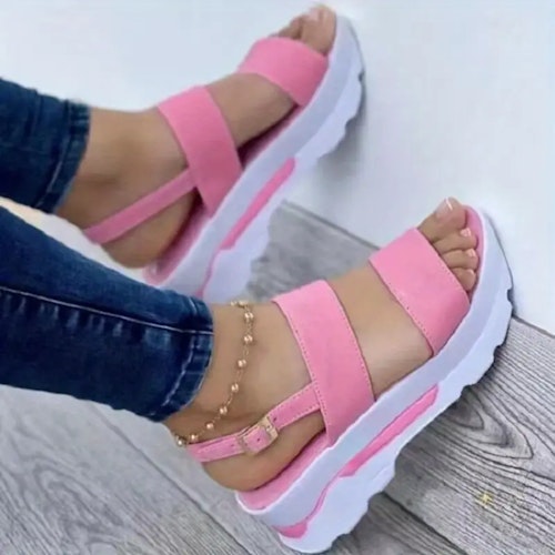 Women's Platform Open Toe Sandals, Solid Color Ankle Buckle Strap Non Slip Shoes, Casual Outdoor Sandals Color (Pink) Size (8)