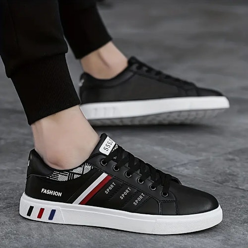 Men's Lace-up Sneakers, Striped Detail Design Skate Shoes With Good Grip, Breathable Color (White And Black) Size (7.5)