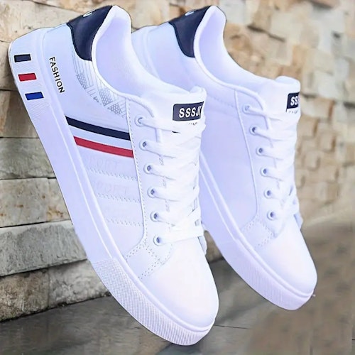 Men's Lace-up Sneakers, Striped Detail Design Skate Shoes With Good Grip, Breathable Color (White And Black) Size (8)