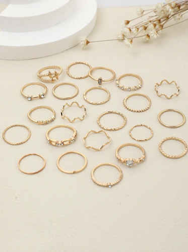 22pcs Fashionable Heart Shaped Ring Set, Simple Geometric Design With Rhinestone Embellishment, Bohemian Style