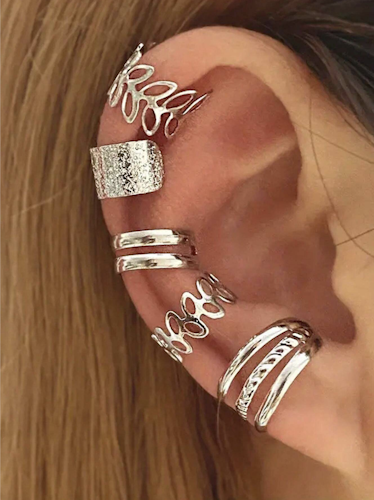 5 PCS Silver Adjustable Ear Cuffs Earrings for Women Girls Non-Piercing Cartilage Clip on Earrings Wrap Ear Jewelry Set