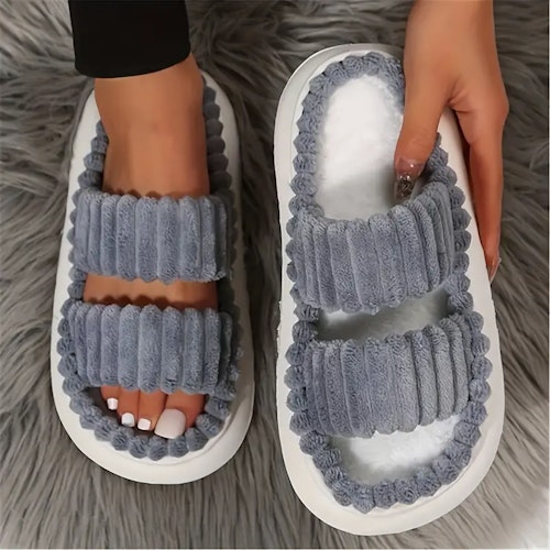 Women's Double Straps Plush Slippers, Solid Color Open Toe Non Slip Comfy Slides Shoes, Fashion Indoor Platform Slippers Size (6.5-7) Color (grey)