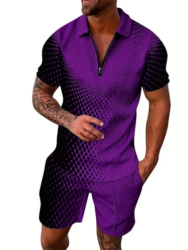 Men's Polyester Thin V-neck Zipper Sweatsuits With V-neck Zipper T-shirt & Shorts Christmas Gifts Best Sellers Size (S) Color (Fuchsia)
