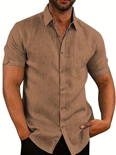 Classic Solid Color Men's Casual Short Sleeve Shirt, Men's Shirt For Summer Vacation Resort Size (L) Color (Khaki)