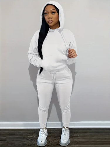 Casual Drawstring Pantsuits Two-piece Set, Pocket Hoodies Tops & Loose Long Sweatpants Set, Women's Clothing Size (XS, S, M, L, XL, XXL) Color (White)