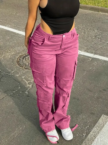 Wide Legs Baggy Cargo Pants With Flap Pockets, Girl's Y2K Style Jeans, Y2K Kpop Vintage Style Women's Clothing & Denim Size (XS, S, M, L, XL, XXL) Color (Bright Pink)