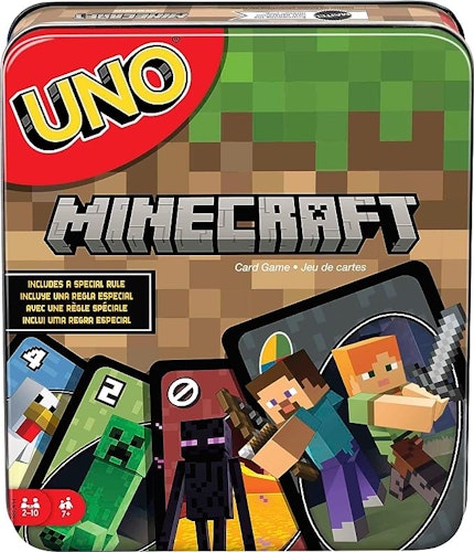 Mattel Games UNO Card Game, for Kids and Family Night, Themed to Minecraft Video Game, Travel Games, Storage Tin Box